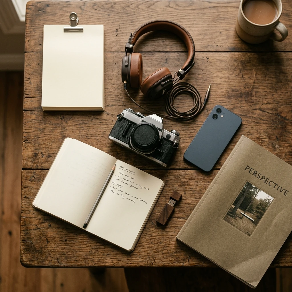 Various media — papers, headphones, camera, phone — arranged on a wooden desk